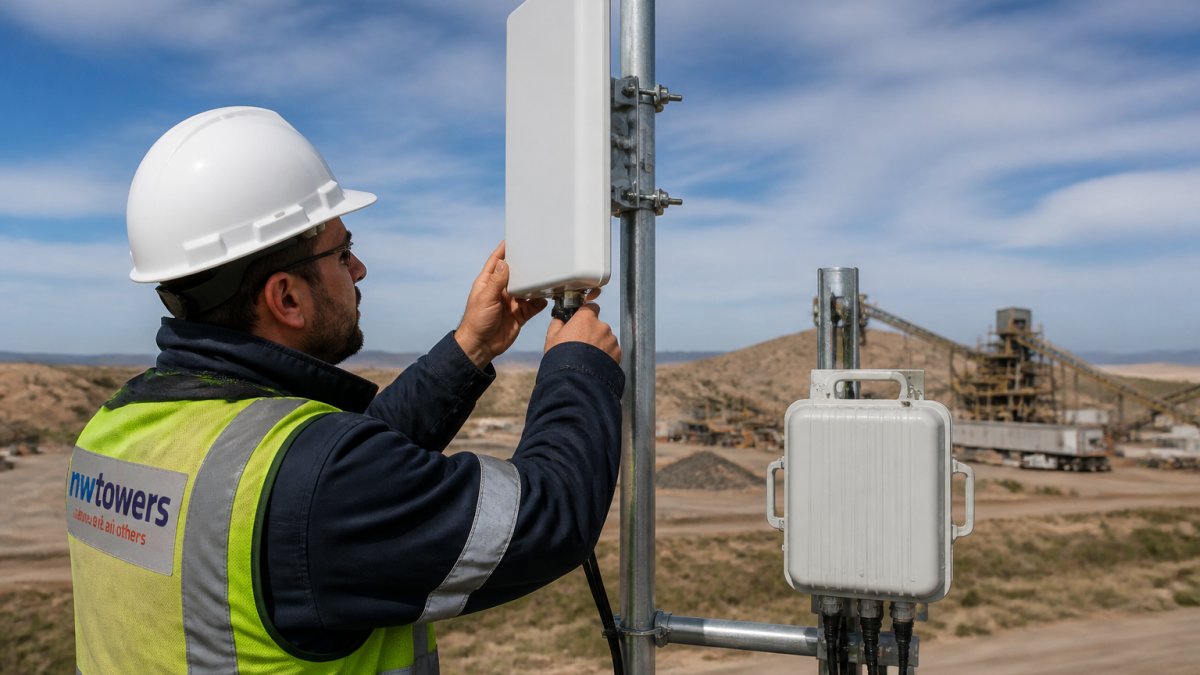 Technician mounting a 2x2 MIMO antenna on a pole at a remote industrial site