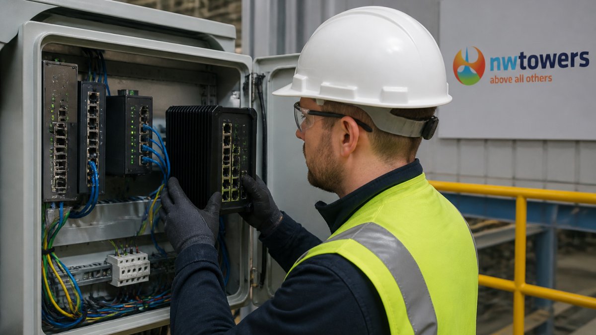 Network engineer in safety gear reviewing a ruggedized firewall appliance inside an industrial control cabinet on a factory floor, Ethernet cables and status LEDs visible