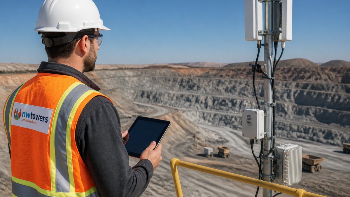 A network engineer in a hard hat and safety vest holding a tablet while surveying an open-pit mine site, with industrial antennas and communication equipment visible in the background under a clear sky
