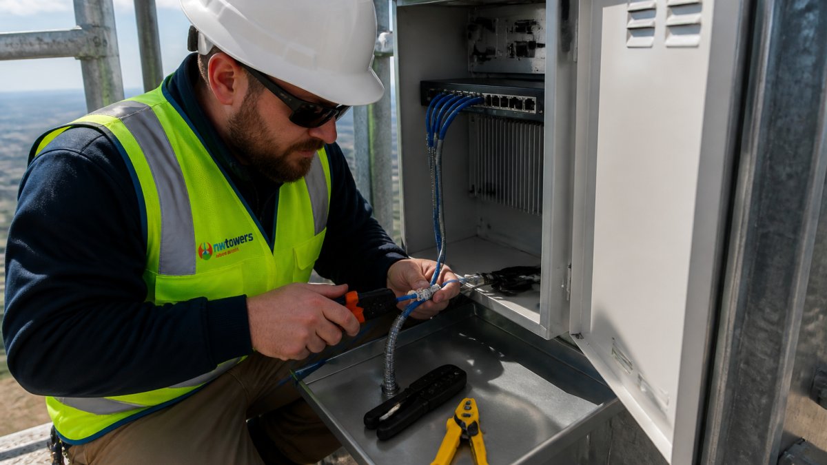 A network technician in a hard hat and safety vest kneeling at an open industrial enclosure, terminating an armored Ethernet cable into an RJ45 jack with a crimp tool and cable stripper resting on a metal tray nearby