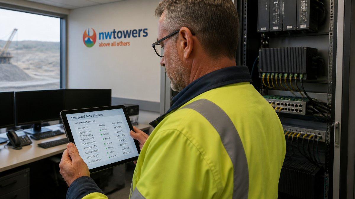 An operations director reviewing a tablet showing encrypted data streams from industrial sensors inside a mining control room, with rugged networking equipment mounted in a rack behind them under fluorescent lighting