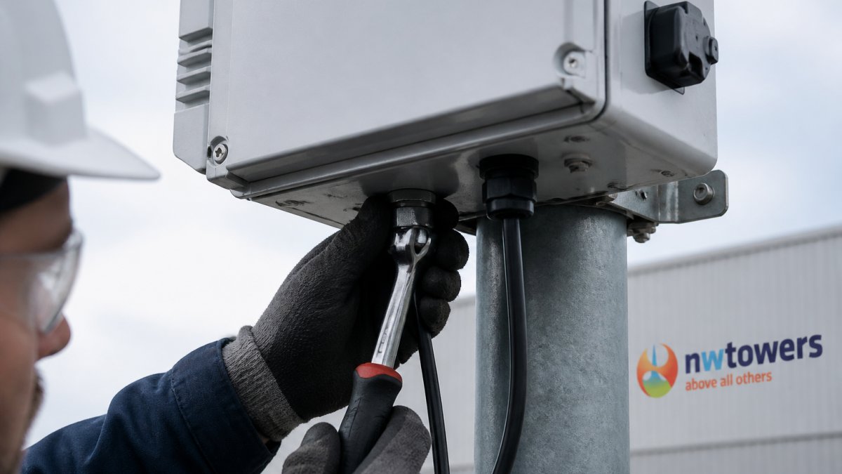Close-up of a technician's gloved hands tightening a waterproof cable gland into the bottom of a sealed metal outdoor enclosure mounted on a pole, with cable leads visible and a torque wrench nearby