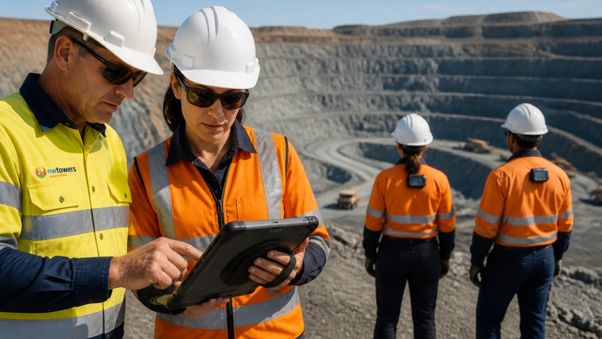 A safety manager and network engineer reviewing a site map on a rugged tablet at an open-pit mine, with workers wearing connected safety wearables in the background