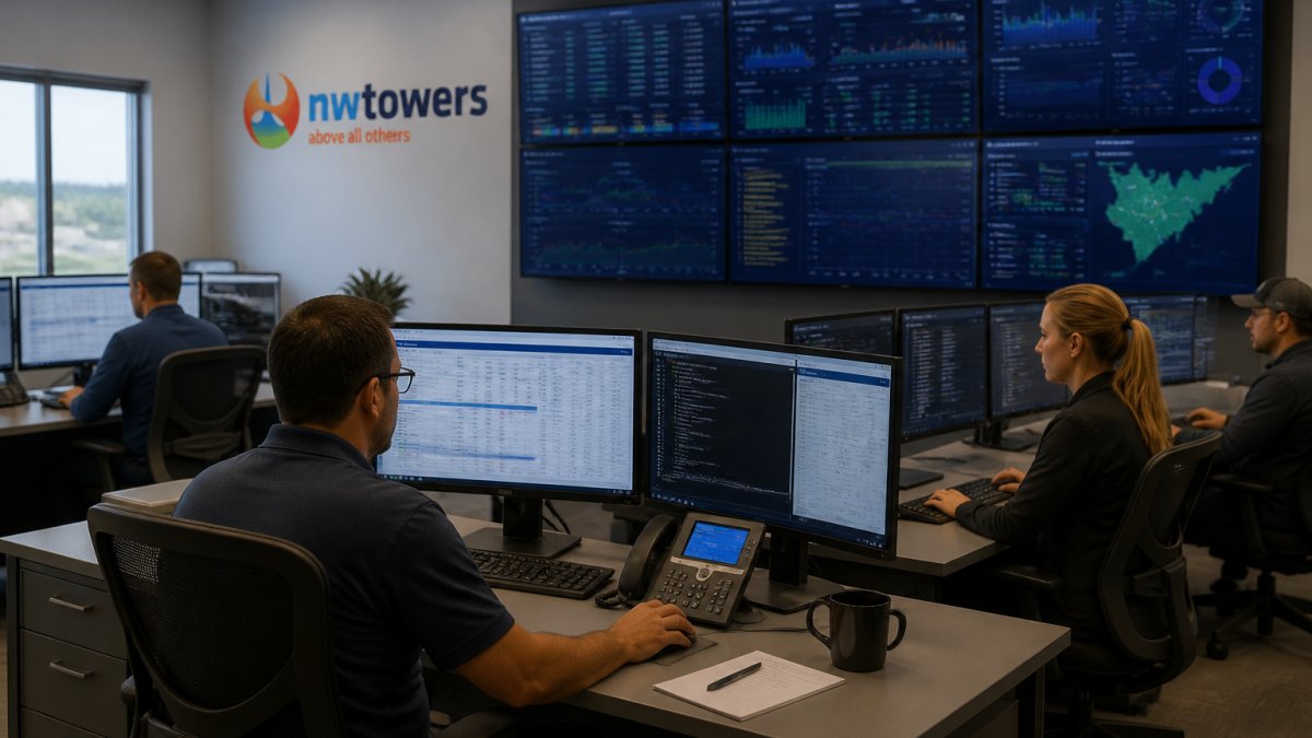 Network operations center with multiple engineers monitoring LTE infrastructure displays, security dashboards, and real-time traffic analytics on large screens with blue and green data visualizations
