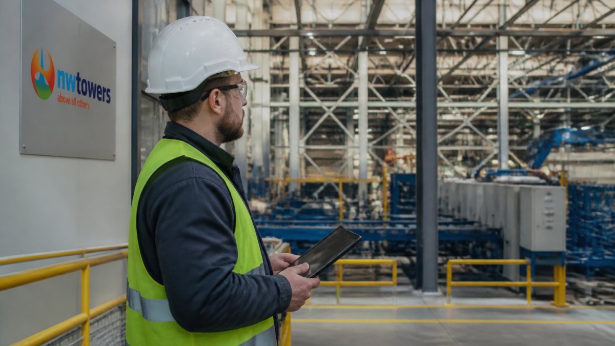 A network engineer in a hard hat and safety vest holding a tablet, conducting a site survey inside a large industrial manufacturing facility with steel beams and machinery visible in the background