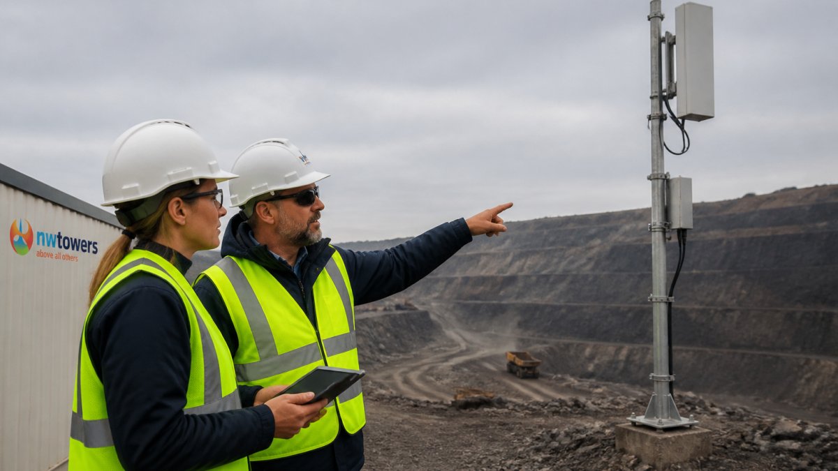 Engineers inspect a private 5G network antenna at an open-pit mine site