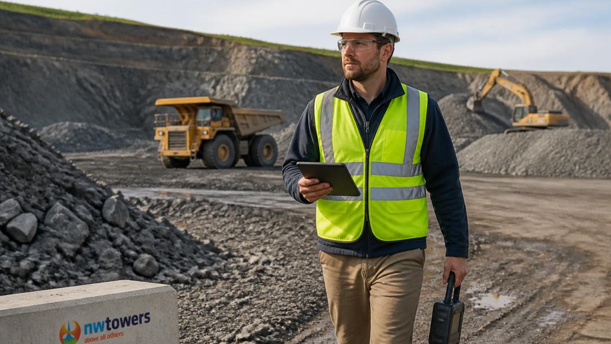 A network engineer in a hard hat and safety vest holding a tablet and spectrum analyzer while walking through an open-pit mine site, with heavy machinery and stockpiles in the background